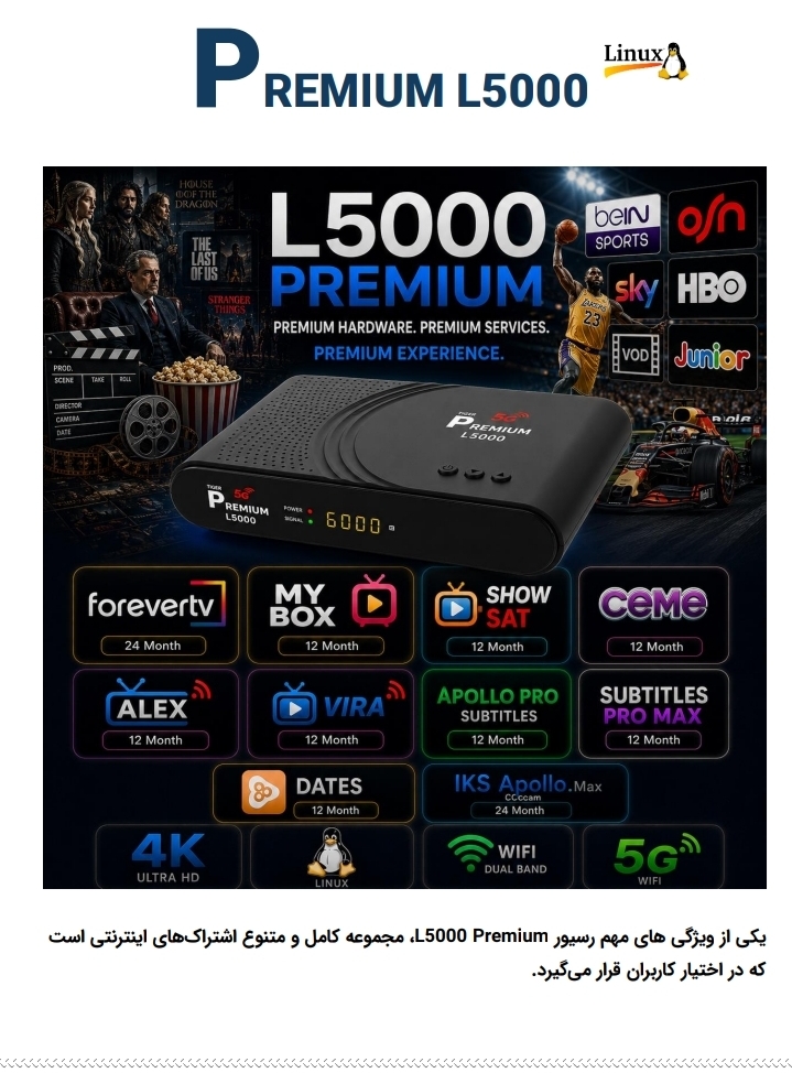 گیرنده4K پرمیوم فورکی L5000 با اکانت ۲۴ماهه